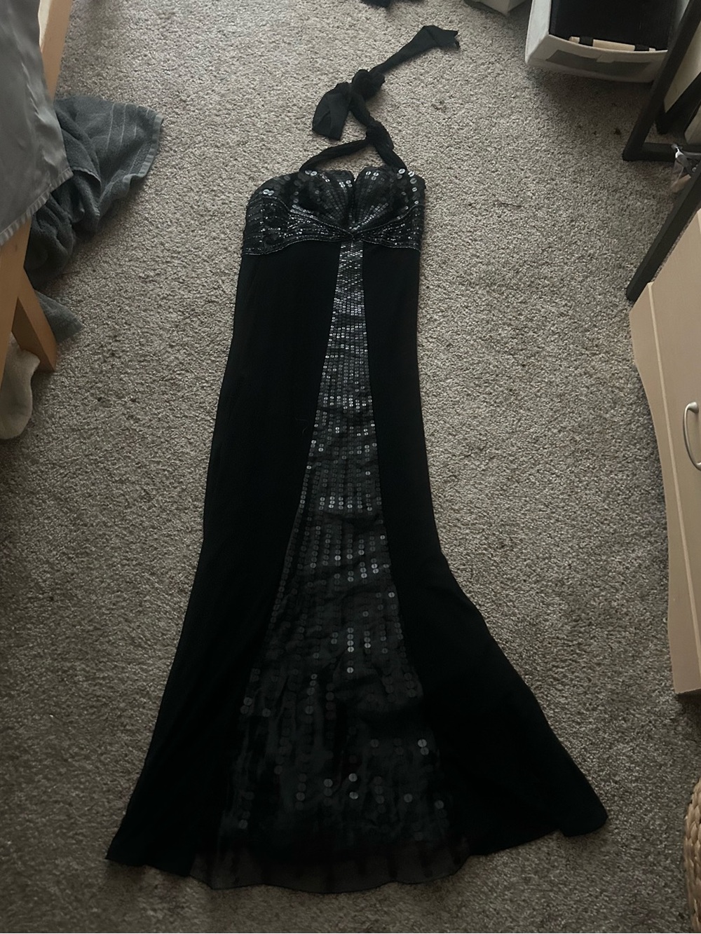 Black Halter Maxi Dress with Sequin Panel